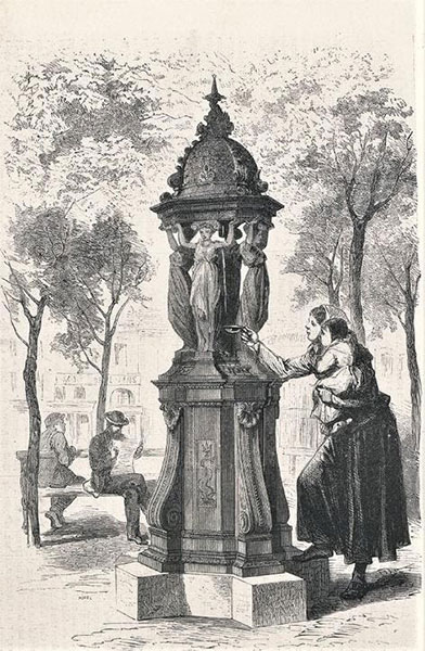 a 19th century of an etching of a woman and her child drinking at a wallace fountain 